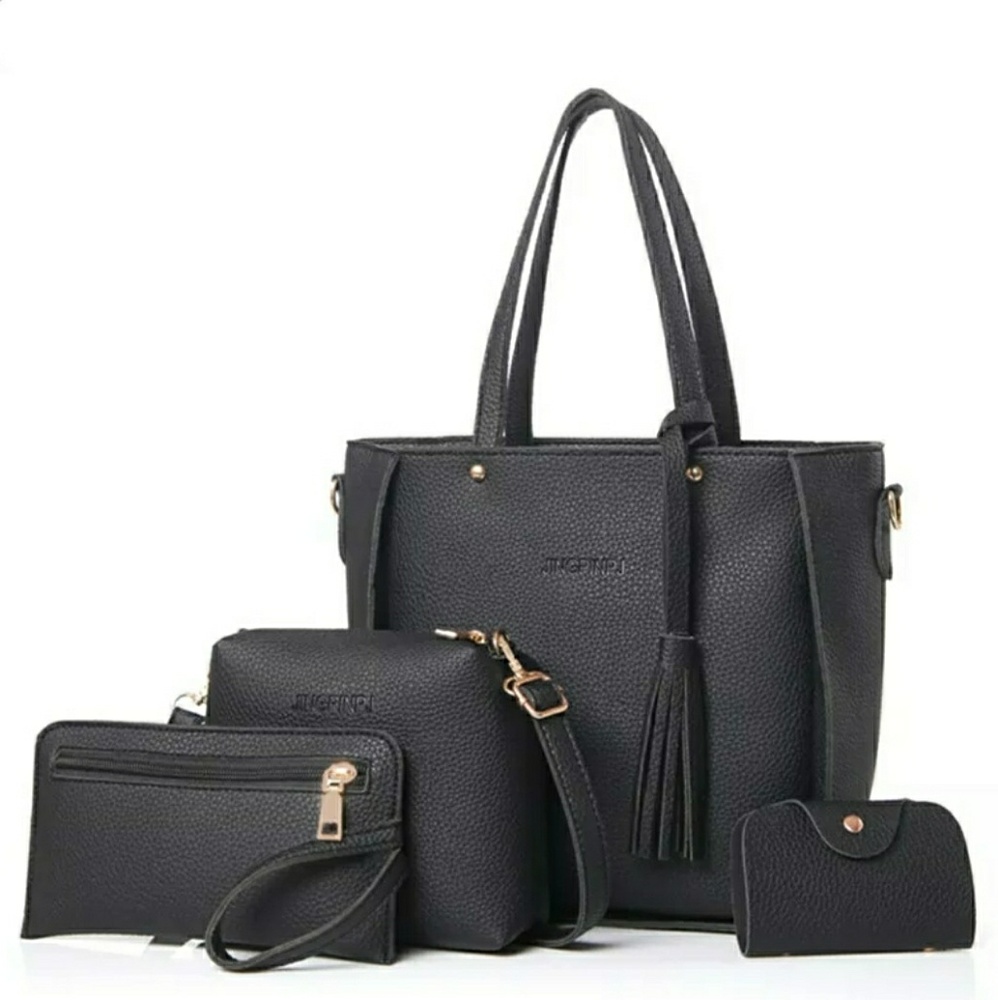 Women's Black Synthetic Leather Bag Set.